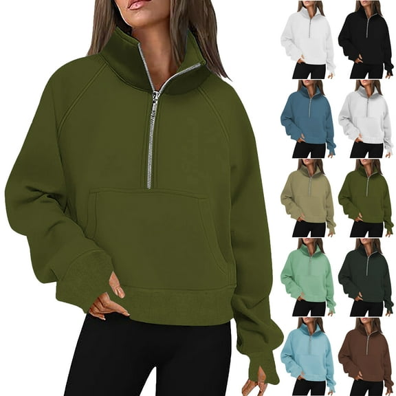 Autumn Sweatshirt for Women High Neck 3/4 Zipped Up Pullover Sweatshirts for Ladies Long Sleeves Solid Color Lightweight Sweatshirts Casual Cozy Everyday Wear