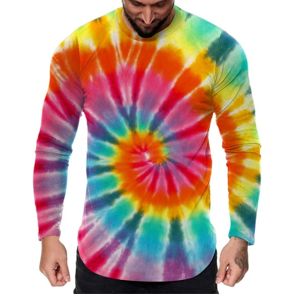 Autumn T Shirts for Man Round Neck Long Sleeve Tops Tie Dye Print Fall Blouses
