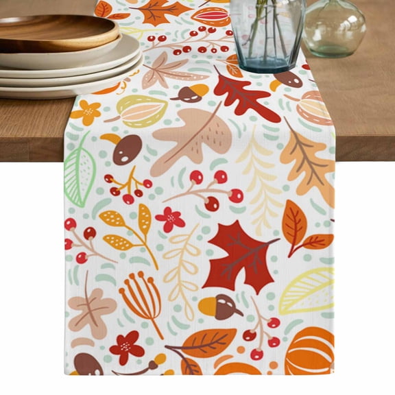 Autumn Table Runner, Fall Pumpkins Maple Leaves Cartoon Art Decor Washable Cotton Linen Table Runners 72 Inches Long, Dresser Scarf Runner for Dining/Coffee/Kitchen/TV Stands/Cabinets 13''x72''