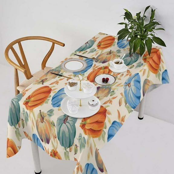 Autumn Tablecloth, Fall Pattern with Pumpkins Maple Leaves Foliage On Cream Background Table Cover for Party Picnic Dinner Thanksgiving Decor, Rectangle60x84