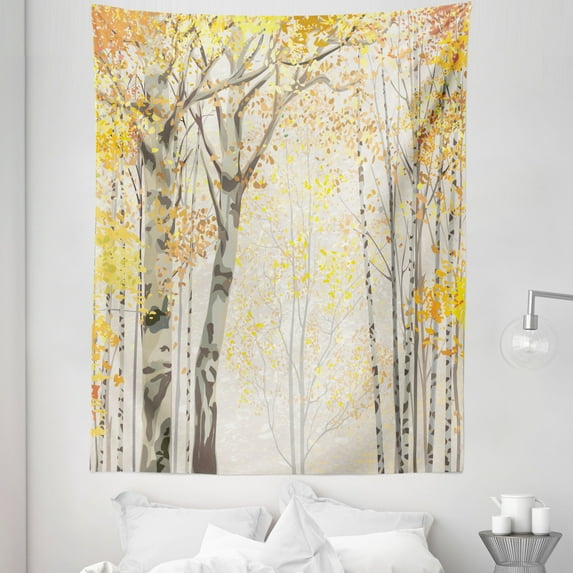 Autumn Tapestry, Birch Growth in the Fall Season Cartoon Style Forest Tranquil Rustic Composition, Fabric Wall Hanging Decor for Bedroom Living Room Dorm, 5 Sizes, Multicolor, by Ambesonne