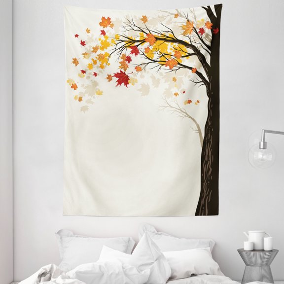 Autumn Tapestry, Colorful Foliage and Tree Silhouette Semtember Maple Leaves on Off White Backdrop, Wall Hanging for Bedroom Living Room Dorm Decor, 60W X 80L Inches, Multicolor, by Ambesonne