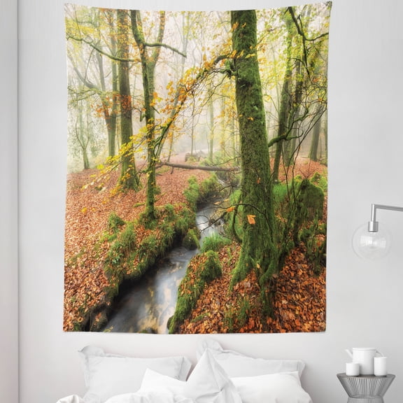 Autumn Tapestry, Misty Autumn Woodland Stream at Golitha Falls on Bodmin Moor in Cornwall, Fabric Wall Hanging Decor for Bedroom Living Room Dorm, 5 Sizes, Orange Green Yellow, by Ambesonne