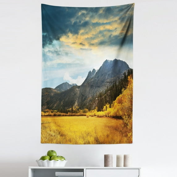 Autumn Tapestry, Autumn in Mountain Yellow Colored Grassland Sun Rays Clouds Cloudscape, Fabric Wall Hanging Decor for Bedroom Living Room Dorm, 5 Sizes, Earth Yellow Bluegrey, by Ambesonne