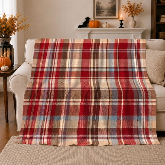 Autumn Tartan Plaid Decorative, Festive autumn celebration Scene, Warm Flannel Blanket for Living Room and Family Room with Detailed Artwork, Art Lovers autumn celebration Gift, Festive Home Decor