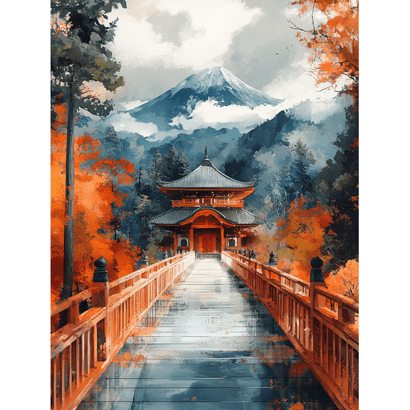 Autumn Temple and Mount Fuji Canvas Wall Art Suitable for Living RoomMeditation Room and Yoga Studio Decoration.