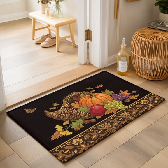 Autumn Thanksgiving 2'x3' Small Rugs for Entryway Front Door Kitchen Sink Area, Cornucopia Pumpkin Fruit Harvest Maple Black Soft Sturdy Mats Washable Non Slip Rectangle Area Rug