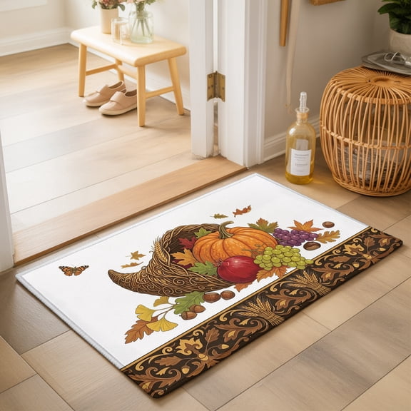 Autumn Thanksgiving 2'x3' Small Rugs for Entryway Front Door Kitchen Sink Area, Cornucopia Pumpkin Harvest Wheat Maple Soft Sturdy Mats Washable Non Slip Rectangle Area Rug