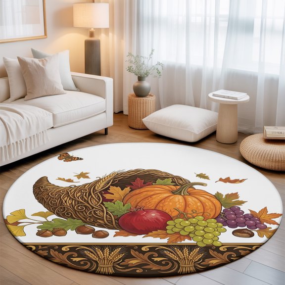 Autumn Thanksgiving 4' Round Rugs for Cozy Reading Nook Home Office Chair Area, Cornucopia Pumpkin Harvest Wheat Maple Washable Stain Proof Non Slip Circle Area Rug Home Soft Mats