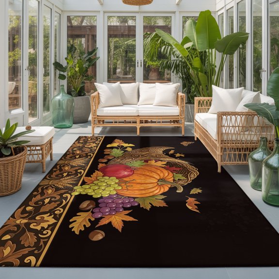 Autumn Thanksgiving 9'x12' Area Rugs for Living Room Sectional Sofa, Cornucopia Pumpkin Fruit Harvest Maple Black Washable Sturdy Non Slip Soft Sturdy Rectangle Home Area Rug