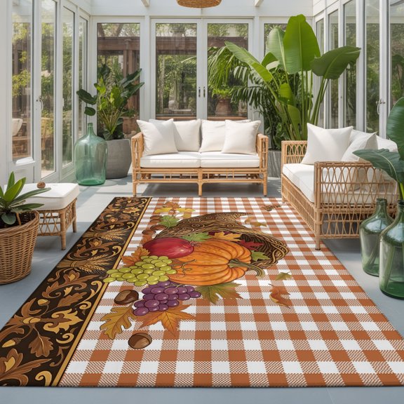 Autumn Thanksgiving 9'x12' Area Rugs for Living Room Sectional Sofa, Cornucopia Pumpkin Harvest Maple Orange Plaid Washable Sturdy Non Slip Soft Sturdy Rectangle Home Area Rug