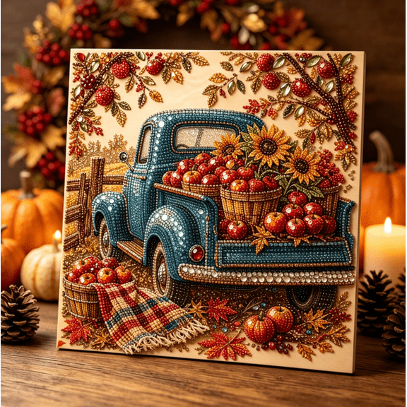 Autumn & Thanksgiving DIY Diamond Painting Kit, Harvest Themed Pearl Diamond Art, Ideal Handmade Gift for Holiday Season Home Decoration (Apple Truck)