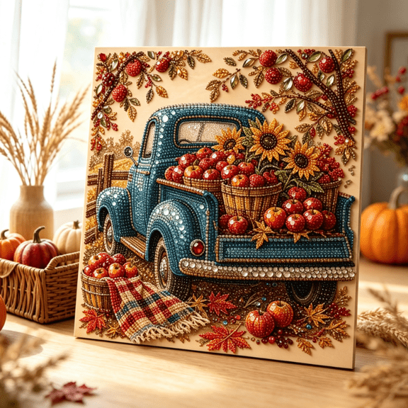 Autumn & Thanksgiving DIY Diamond Painting Kit, Special Shaped Gem Art Set, No Professional Drawing Skills Needed for Farmhouse Home Wall Decor (Apple Truck)