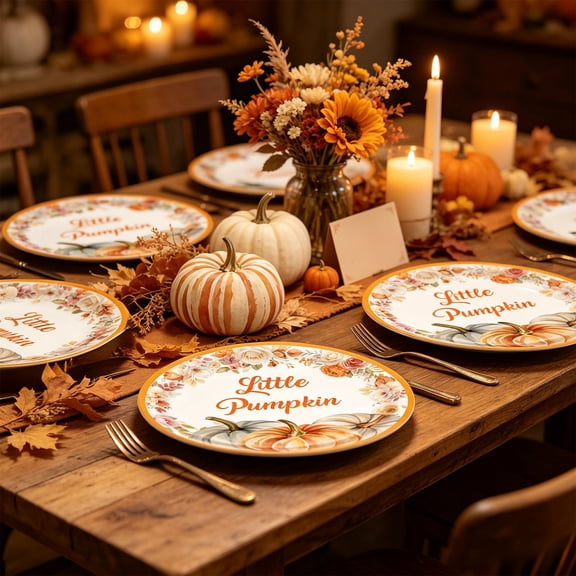 Autumn Thanksgiving Disposable Tableware Set for Cozy Fall Gatherings - Pumpkin and Maple Leaf Printed Paper Plates, Cups, and Napkins for Effortless Cleanup at Holiday Dinner Parties