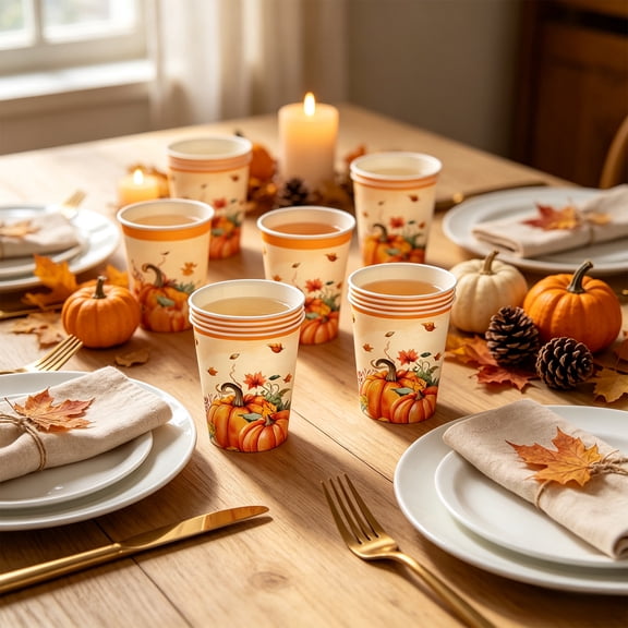 Autumn Thanksgiving Disposable Tableware Set – Pumpkin & Maple Leaf Printed Paper Plates, Cups & Napkins, Fall Holiday Dinner Party Supplies for Easy Cleanup