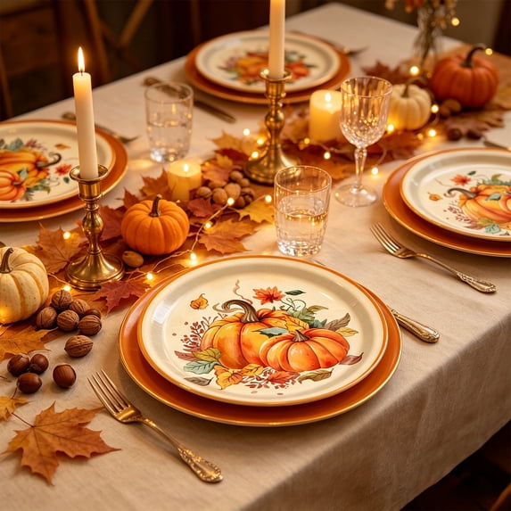 Autumn Thanksgiving Disposable Tableware Set – Pumpkin & Maple Leaf Printed Paper Plates, Cups & Napkins, Fall Holiday Dinner Party Supplies for Easy Cleanup