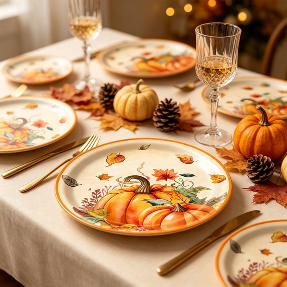 Autumn Thanksgiving Disposable Tableware Set – Pumpkin & Maple Leaf Printed Paper Plates, Cups & Napkins, Fall Holiday Dinner Party Supplies for Easy Cleanup