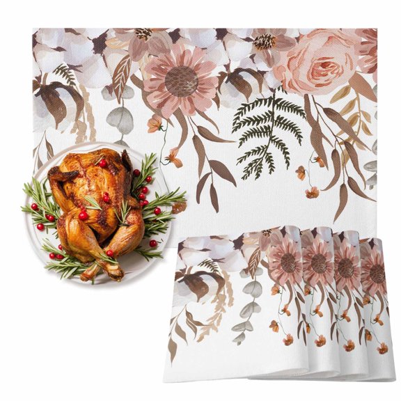 Autumn Thanksgiving Fall Leaves Placemats Set of 6,Wipeable Washable Table Mats for Dining Tables, Farm Botanical White Place Mats for Kitchen Event Party Tabletop Decor