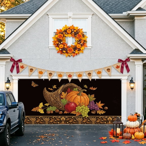 Autumn Thanksgiving Garage Door Banner Covers, Cornucopia Pumpkin Fruit Harvest Maple Black Large Hanging Indoor/Outdoor Backdrop Background for Christmas Winter Party Decor, 6.9x16ft