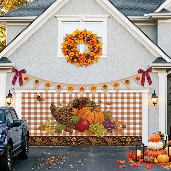 Autumn Thanksgiving Garage Door Banner Covers, Cornucopia Pumpkin Harvest Maple Orange Plaid Large Hanging Indoor/Outdoor Backdrop Background for Christmas Winter Party Decor, 6.9x16ft