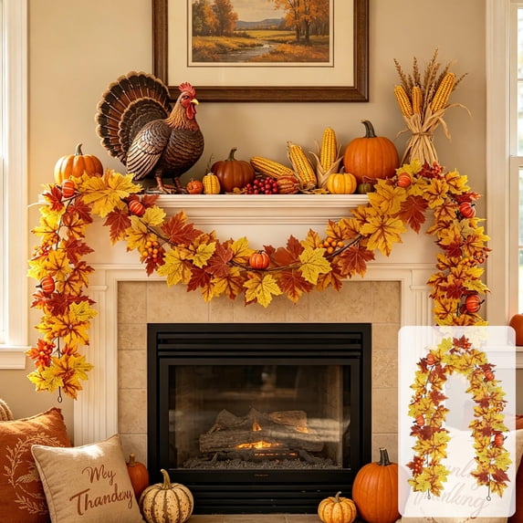 Autumn Thanksgiving Hanging Decor 78.7in Fall Maple Leaves Pumpkin Hanging Vines Strips for Home Fireplace Party Porch
