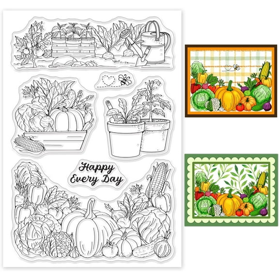 Autumn Thanksgiving Harvest Clear Stamp Happy Every Day Harvest Pumpkin Corn Cabbage Fall PVC Stamps for Card Making DIY Scrapbooking 6.3x4.3" 3mm Thick White
