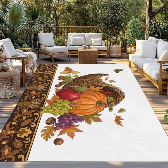 Autumn Thanksgiving Indoor Outdoor Rugs 4x6 Ft, Cornucopia Pumpkin Harvest Wheat Maple Outdoor Patio Rug Mat Washable Outside Area Rugs Carpet for Porch Deck RV Camping Pool Balcony Backyard