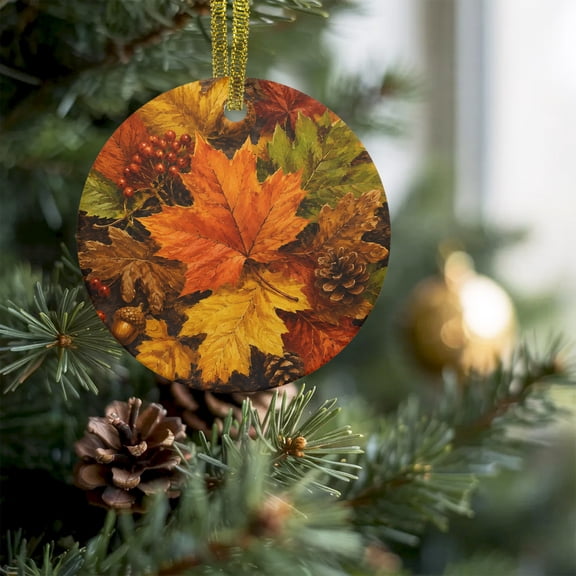 Autumn Thanksgiving Maple Leaves Christmas Ceramic Ornament 2026,3" Round Xmas Tree Hanging Accessories with Gold Ribbon,Oak Pinecone Berry Leaf Pendant Ornaments for Holiday Gift Home Party Decor