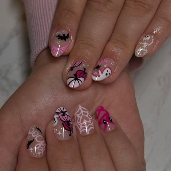 Autumn Thanksgiving Pumpkin Decorated Short Oval Fake Nails For Parties