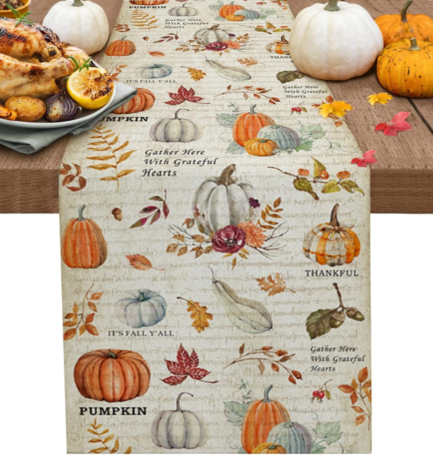 Autumn Thanksgiving Pumpkin Maple Leaves Linen Table Runners Fall