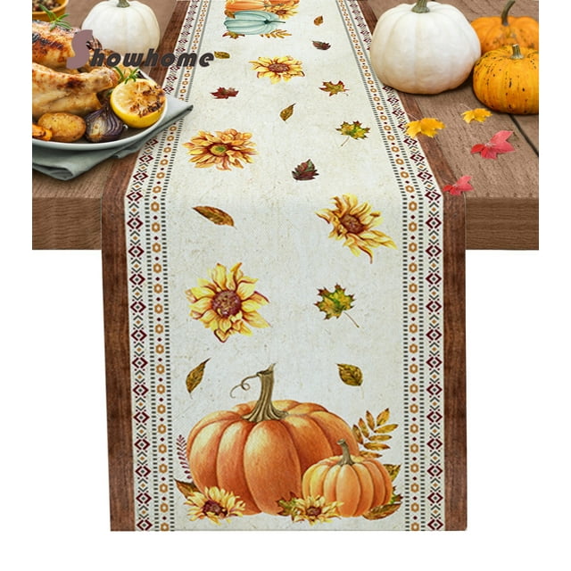 Autumn Thanksgiving Pumpkin Maple Leaves Table Runner Home Dining Table