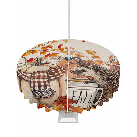 Autumn Thanksgiving Pumpkins Hedgehog Round Tablecloth with Zipper,Waterproof Table Cloth with Umbrella Hole Patio Tablecloths for Outdoor Tables,Retro Linen Washable Spillproof Table Cover