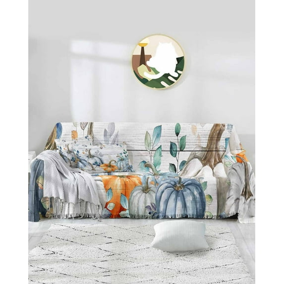 Autumn Thanksgiving Pumpkins Sofa Covers for 3 Cushion,Washable Couch Cover for Sectional Sofa Slipcovers with Tassel,Farmhouse Wooden Leaves Loveseat Covers Futon Cover Throw Blanket 71''x118''