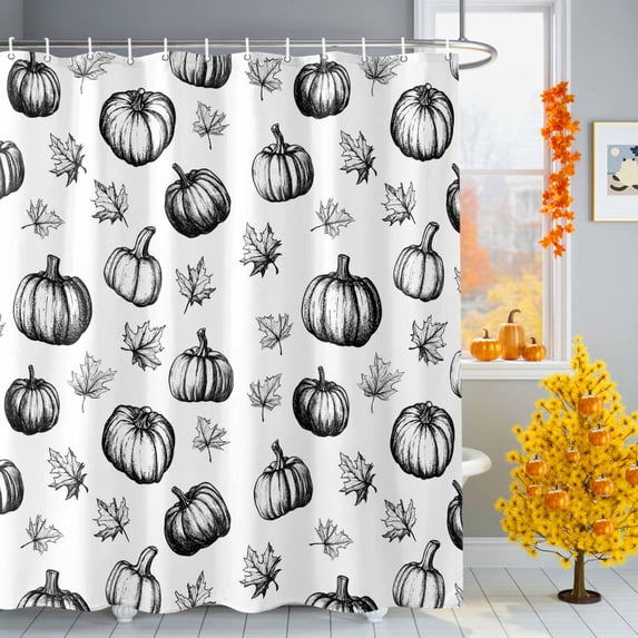 Autumn Thanksgiving Shower Curtains for Bathroom, Pumpkin Maple Leaf White Theme Waterproof Fabric Shower Curtain for Bathroom Bathtub Decoration, Machine Washable, 36"x72"