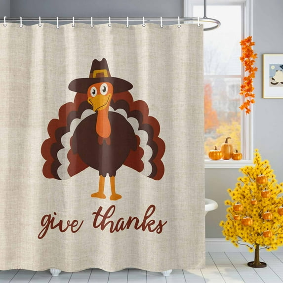 Autumn Thanksgiving Turkey Retro Linen Shower Curtain for Bathroom, Cartoon Animals Give Thank Waterproof Shower Curtains Washable Quick Dry with Hooks Bathtub Curtains 60x72 IN
