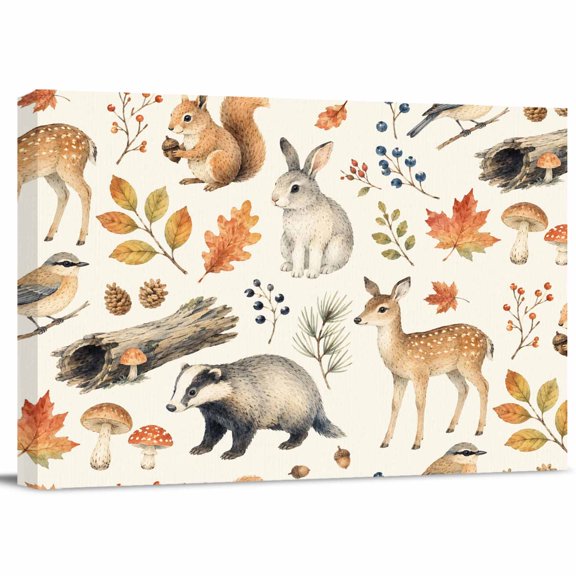 Autumn Theme Canvas Print Wall Art, Rustic Squirrel Rabbit Deer Badger Maple Leaf Wall Decor Modern Artwork Paintings Pictures for Living Room Stretched and Framed Ready to Hang - 24" x 32"