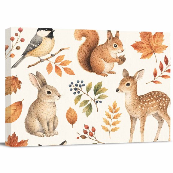 Autumn Theme Canvas Print Wall Art, Rustic Squirrel Rabbit Deer Fox Maple Leaf Wall Decor Modern Artwork Paintings Pictures for Living Room Stretched and Framed Ready to Hang - 24" x 32"