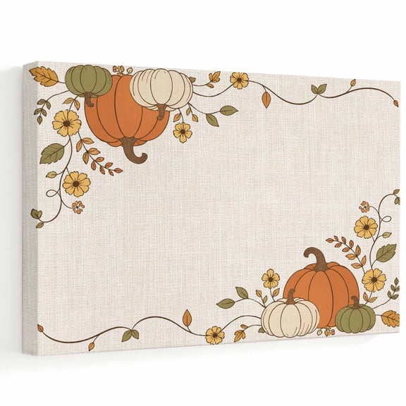 Autumn Theme Canvas Wall Art, Fall Botanical Orange Pumpkins Green Leaves White Wall Art Prints Artwork Framed Canvas Ready to Hang Art Pictures for Hallway Living Dining Room Bedroom 24" x 16"