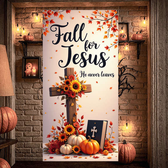 Autumn Theme Fall Banner Wooden Cross Religious Decor Sunflower Design Inspirational Decoration for Church Event Indoor Use Spiritual Gathering