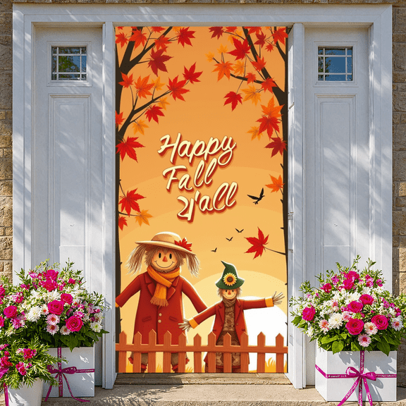 Autumn Theme Happy Y'all Banner Scarecrow Design Fall Leaves Decoration Harvest Festival for Home Decor Seasonal Celebration Outdoor Decoration