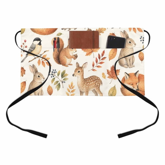 Autumn Theme Kitchen Restaurant Half Waist Apron, Rustic Squirrel Rabbit Deer Fox Maple Leaf Server Short Apron with 3 Pockets Waterproof Oil Waist Aprons for Women Waitress Waiter