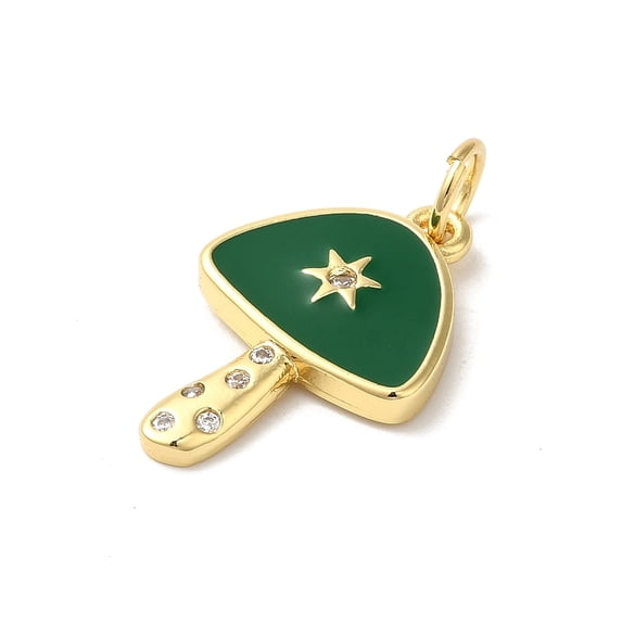Autumn Theme Rack Plating Brass Cubic Zirconia Pendants with Enamel and Jump Ring Long-Lasting Plated Cadmium Free & Lead Free Star with Mushroom Real 18K golden Plated Green 18.5x12x2mm Hole: 3mm