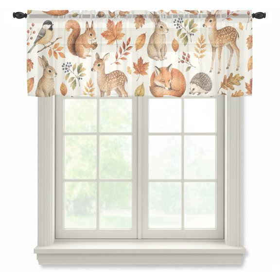 Autumn Theme Semi Sheer Valance Curtains, Rustic Squirrel Rabbit Deer Fox Maple Leaf Voile Valances Curtain Rod Pocket Small Window Treatment for Kitchen Bathroom Cafe 60"x18"