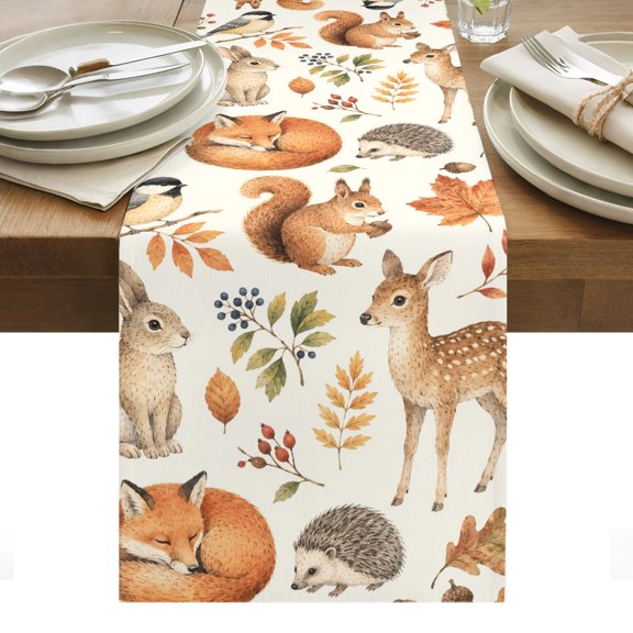 Autumn Theme Table Runner, Rustic Squirrel Rabbit Deer Fox Maple Leaf Washable Kitchen Table Runners Dress Scarves for Dining Table Decorations Party/Restaurant/Indoor Outdoor Use, 13x36in