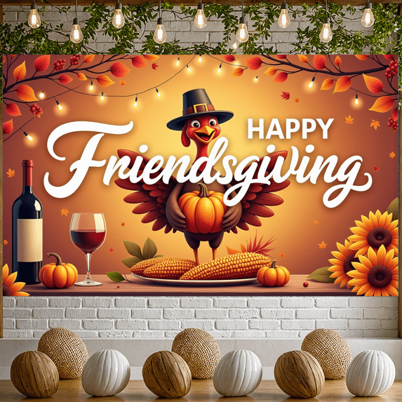 Autumn Theme Thanksgiving Turkey Happy Friendsgiving Banner Corn Pumpkin Decorations for Family Gathering Holiday Party Indoor Celebration