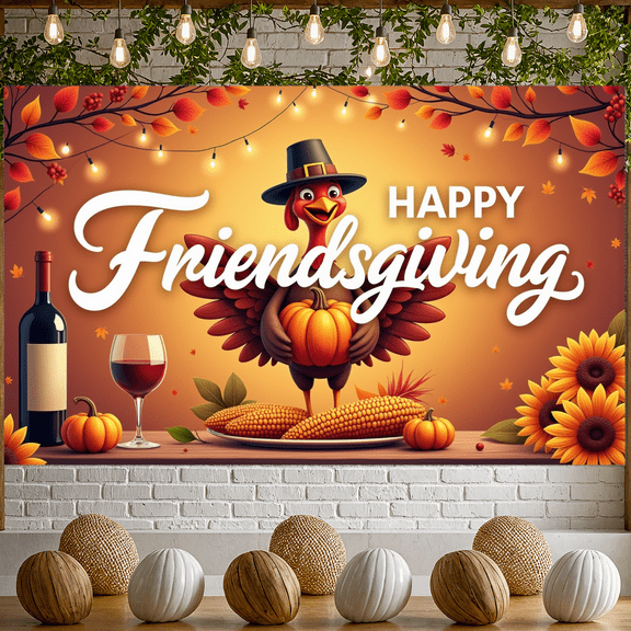 Autumn Theme Thanksgiving Turkey Happy Friendsgiving Banner Corn Pumpkin Decorations for Family Gathering Holiday Party Indoor Celebration