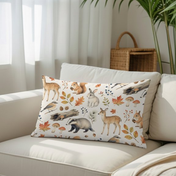 Autumn Theme Throw Pillow Covers, Rustic Squirrel Rabbit Deer Badger Maple Leaf Decorative Lumbar Throw Pillowcase Cushion Cover with Smooth Hidden Zipper for Bedroom Sofa 12 x 20 Inches