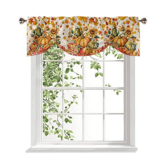 Autumn Theme Tie Up Valances Curtain, Adjustable Kitchen Orange Pumpkin Floral Maple Leaf Linen Texture Valances for Windows Decor, Rod Pocket Short Curtains Set for Bedroom/Bathroom, 42"x12"