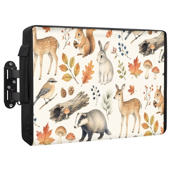 Autumn Theme Waterproof Outdoor TV Cover, Rustic Squirrel Rabbit Deer Badger Maple Leaf Outside Weatherproof TV Enclosures for 80 to 85 Inch LCD Television Shield Flat Screen Protectors