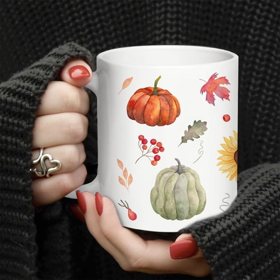 Autumn Themed 11oz Ceramic Coffee Mug with Pumpkin Leaf Design Heat Resistant Reusable Hand Wash Only Ideal Men Women Thanksgiving Fall Drinks Festive Drinkware Vibrant Mug Art Durable Ceramic